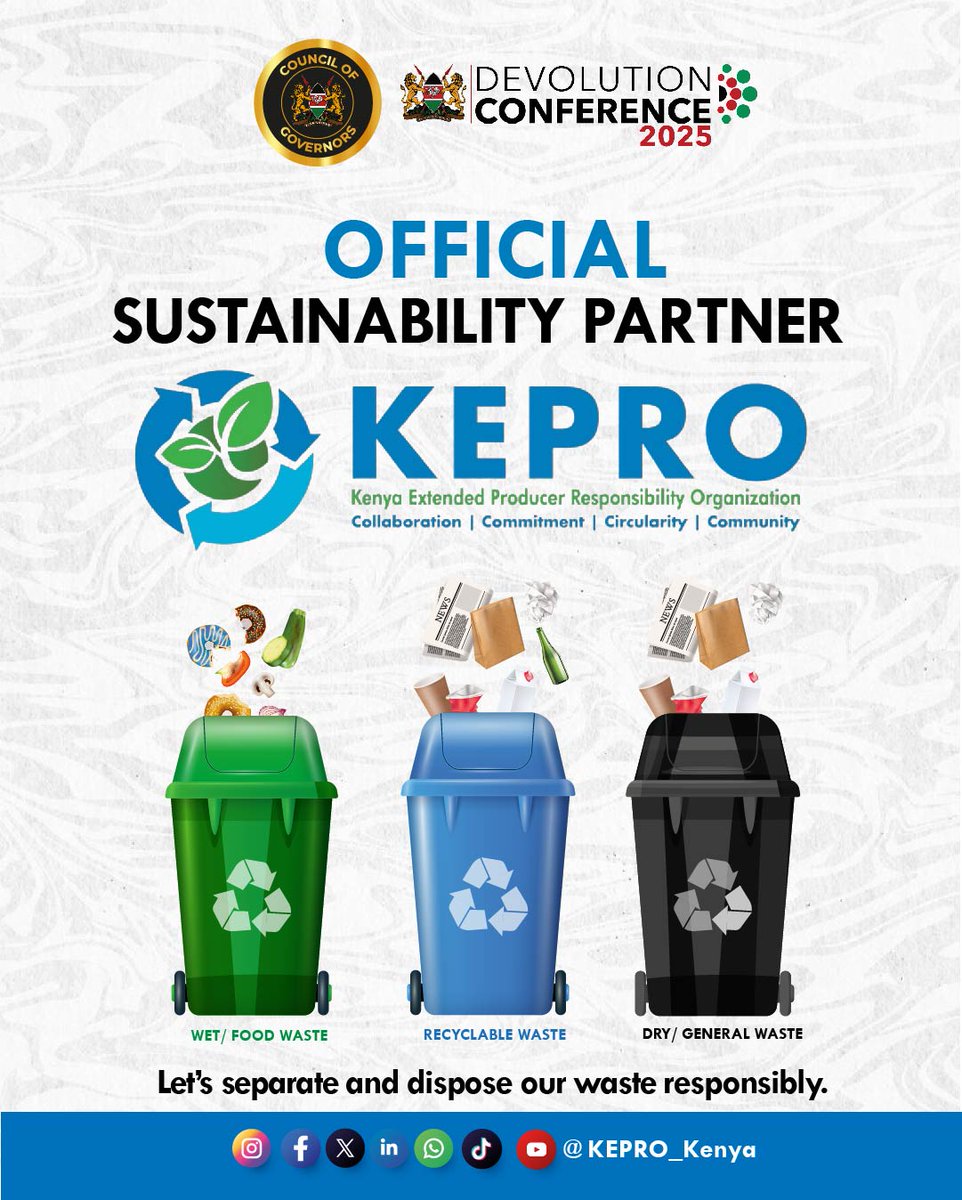 KEPRO Kenya (@kepro_ke) on Twitter photo KEPRO is proud to partner with the Council of Governors-Kenya (<a href="/KenyaGovernors/">Council of Governors</a>) as the official sustainability partner for the upcoming Devolution Conference 2025, taking place in Homa Bay County from 12th to 15th August 2025.
As part of our ongoing commitment to a zero-waste KEPRO is proud to partner with the Council of Governors-Kenya (<a href="/KenyaGovernors/">Council of Governors</a>) as the official sustainability partner for the upcoming Devolution Conference 2025, taking place in Homa Bay County from 12th to 15th August 2025.
As part of our ongoing commitment to a zero-waste