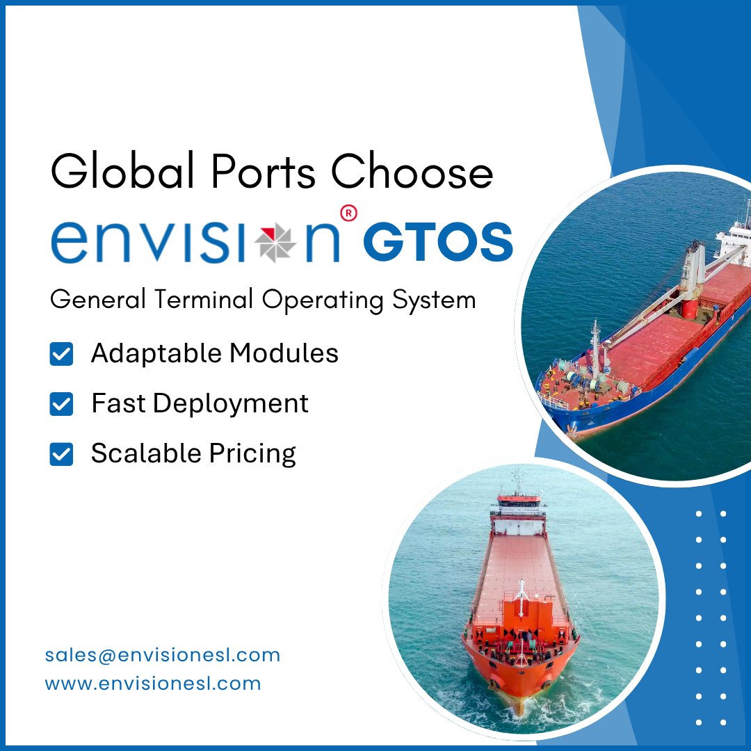Envisionesl's tweet image. Why are global ports across the world choosing Envision GTOS?
🌍 Adaptable modules 
⚡ Fast deployment 
📊 Scalable pricing 
From general cargo to complex yard operations, Envision GTOS helps ports digitize smarter on their terms.

#GTOS #SmartPorts #PortTechnology #EnvisionGTOS