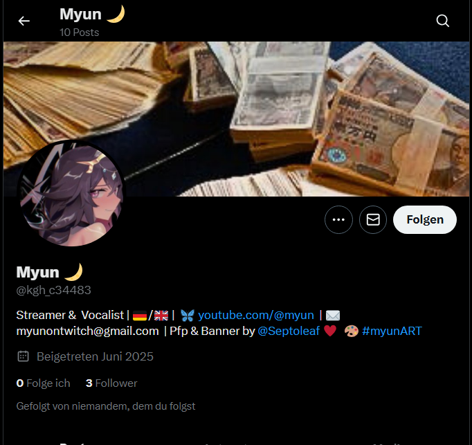 Könnt ihr bitte den <a href="/kgh_c34483/">Myun 🌙</a> Account melden, der kopiert nämlich mein Twitter Account. 🫠
- 
Could you guys please report this dude who stole my identity. 

thank you ♥