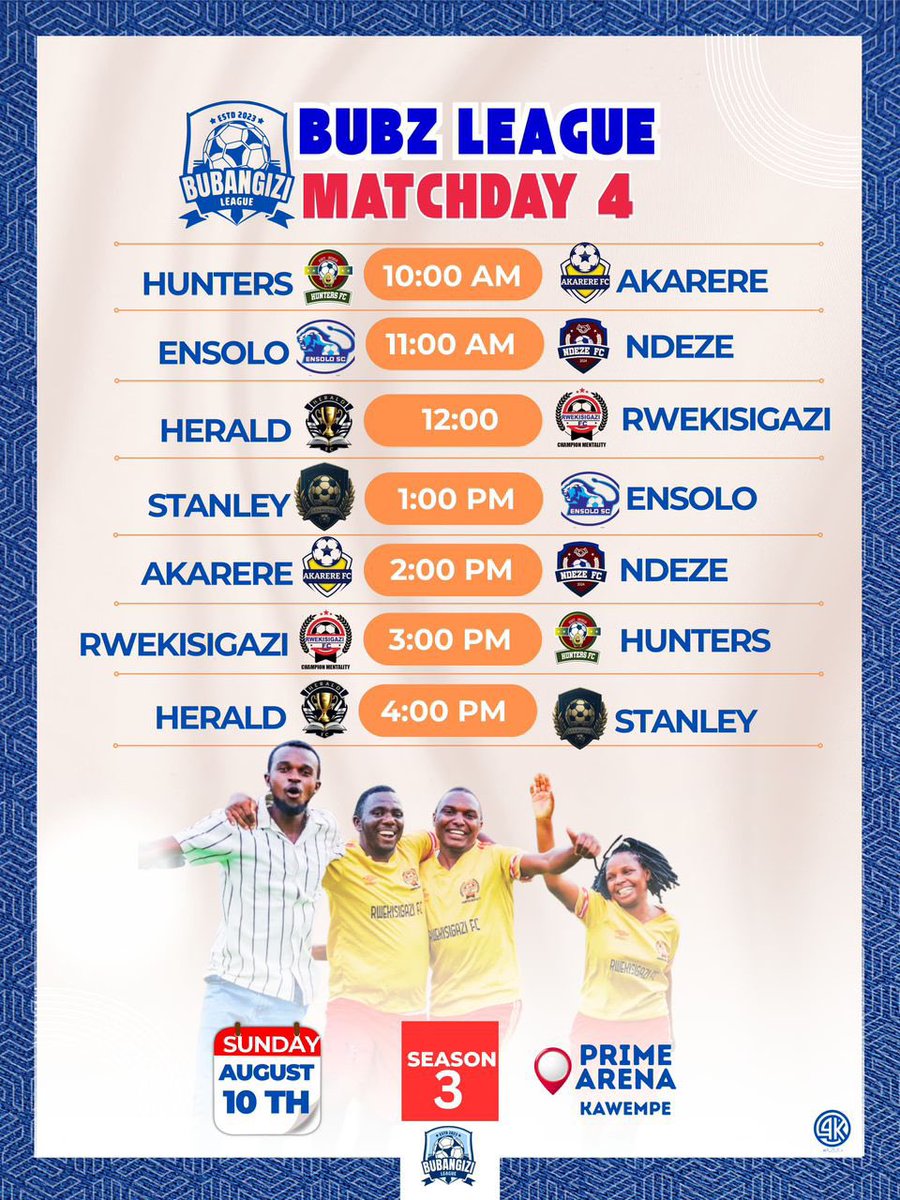 Matchday 4 is locked and loaded! Seven epic battles, one Sunday, and ALL roads lead to Prime Arena Kawempe.

Season 3 of the Bubangizi League hits its stride, who’s bringing the heat, who’s chasing redemption?

Be there. Be loud. Be legendary.
#BubangiziLeague #Matchday4