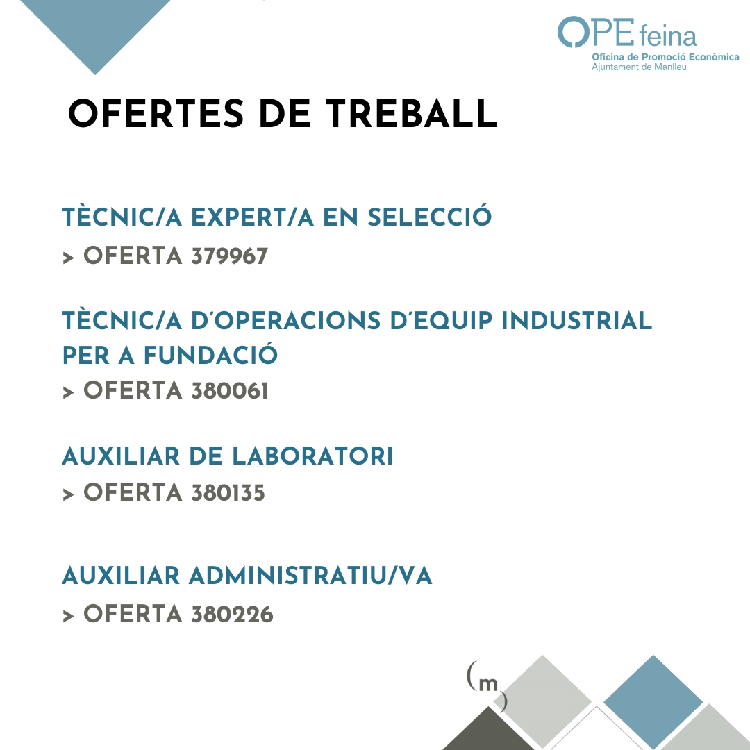 Coneixes les ofertes que actualment gestionem des de l'OPE Manlleu?

Tota la informació la podràs trobar a:
manlleu.cat/ope/ofertes i a la nostra bio ☝️