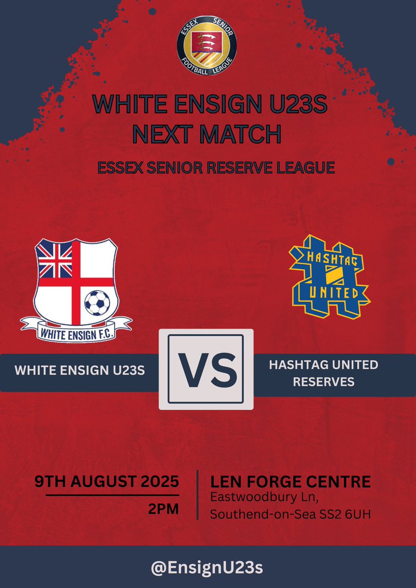 White Ensign U23s (@ensignu23s) on Twitter photo MATCH WEEK!
We get our league campaign underway this week as we host <a href="/hashtagutd/">Hashtag United</a> reserves at Len Forge.
2025/26 π MATCH WEEK!
We get our league campaign underway this week as we host <a href="/hashtagutd/">Hashtag United</a> reserves at Len Forge.
2025/26 π