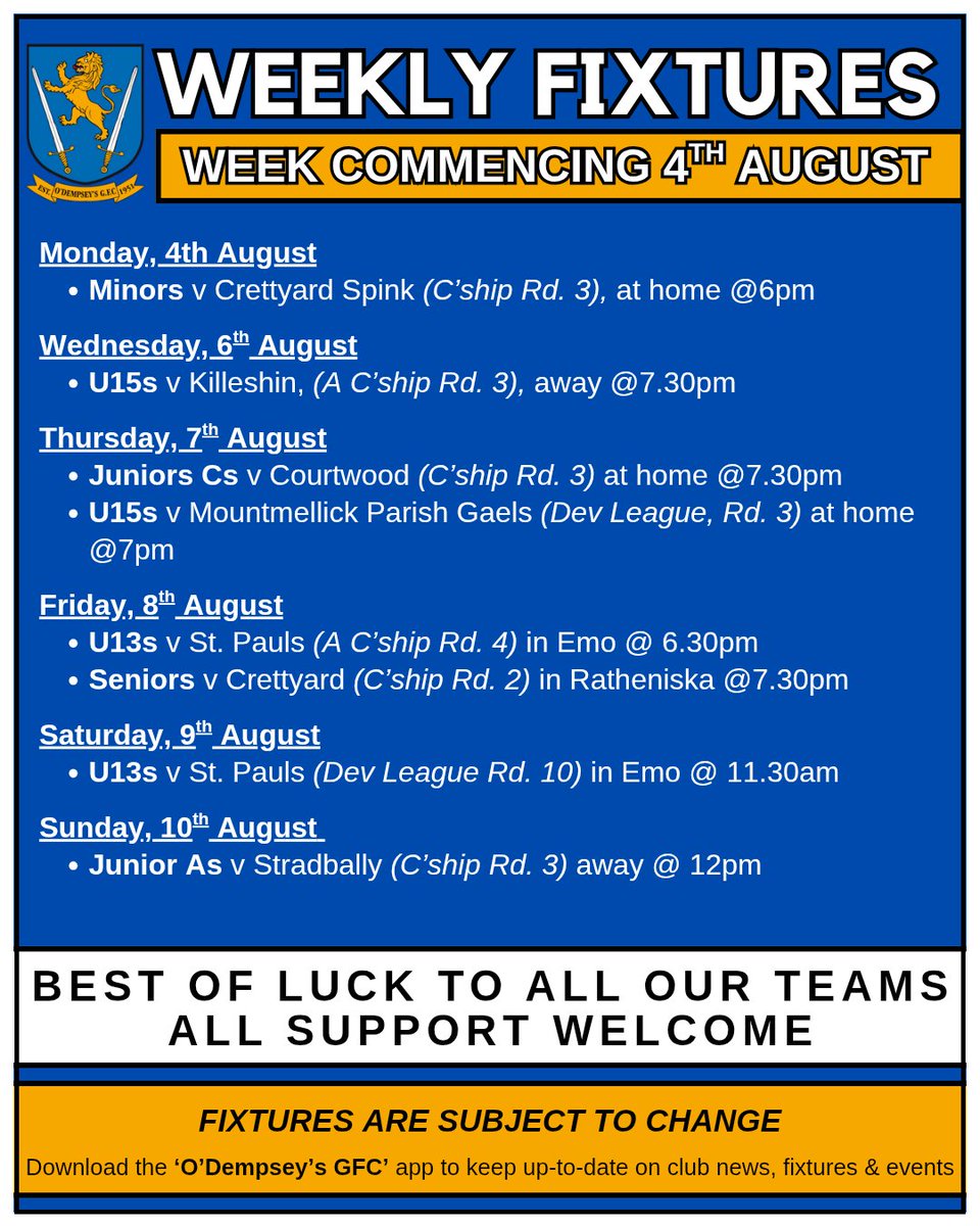 A busy week ahead - be sure to come along and support where you can!! 🔵🟡
Best of luck to all our teams and management in their games this week.