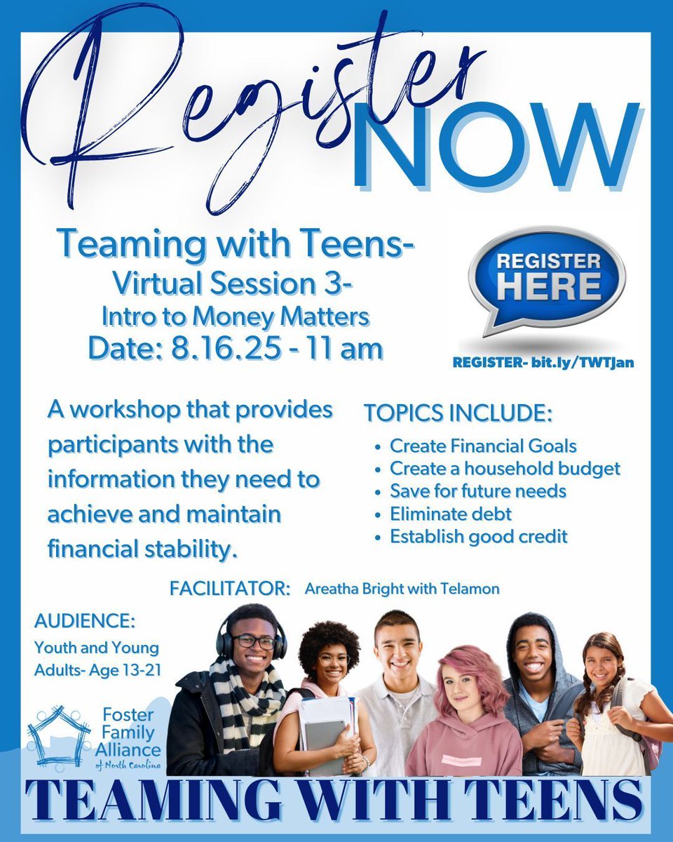 Creating a Family (@creatingafamily) on Twitter photo MT <a href="/FosterFamilyNC/">Foster Family Alliance of NC</a>: ARE YOU REGISTERED?? Our final virtual session before our in-person Teaming with Teens is coming soon- don't miss out!
🗓️ 8.16.25 - 11am
💻 Register - bit.ly/TWTJan 🔗 in bio 👆🏼
#FFA #fostercare #fosterfamilies ... MT <a href="/FosterFamilyNC/">Foster Family Alliance of NC</a>: ARE YOU REGISTERED?? Our final virtual session before our in-person Teaming with Teens is coming soon- don't miss out!
🗓️ 8.16.25 - 11am
💻 Register - bit.ly/TWTJan 🔗 in bio 👆🏼
#FFA #fostercare #fosterfamilies ...