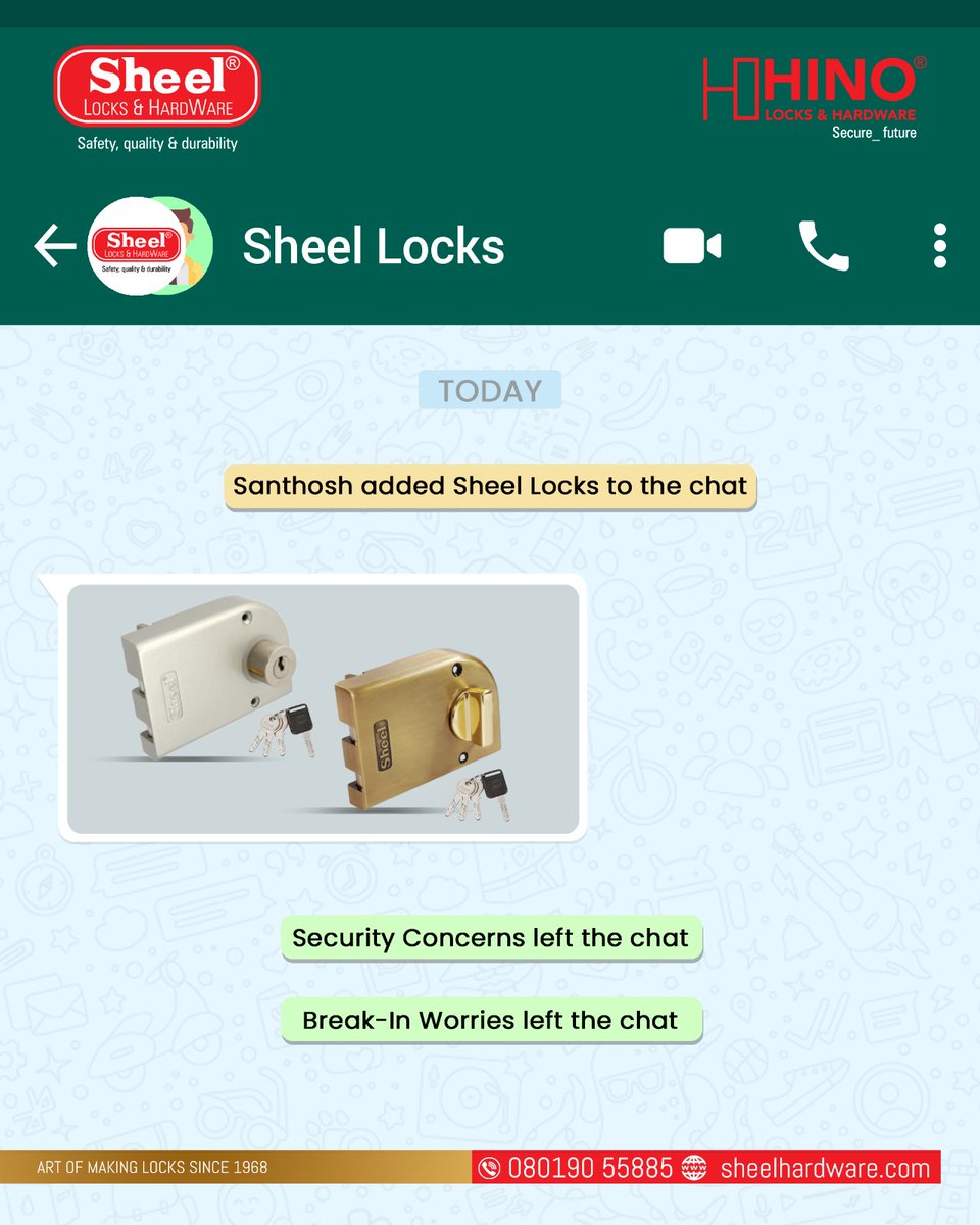 sheellocks1's tweet image. Say goodbye to security concerns and break-in worries!
With Sheel Locks, your home stays safe, strong, and protected.
📞 Call us at 080190 55885 or visit sheelhardware.com to secure your space today!

#SheelLocks #HomeSecurity #SafetyFirst  #doorlocks #doorhandles #locks