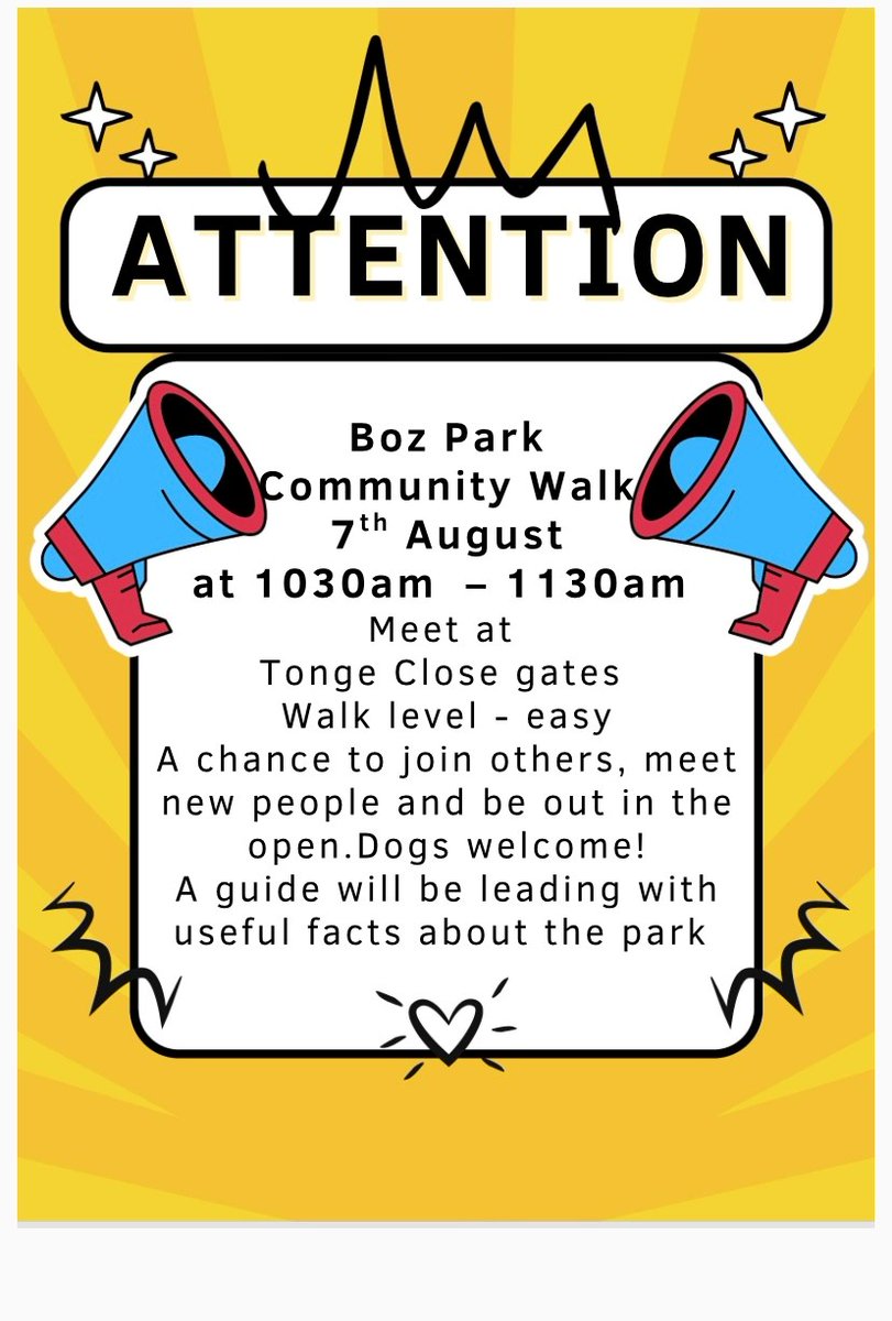 Boz Park Community Walk

Thursday 7th August

Meet at Tonge Close gates

10:30 - 11:30am