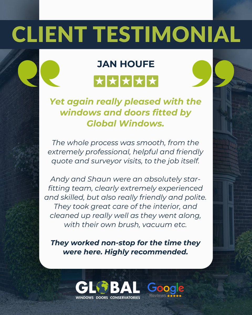 "Yet again really pleased with the windows and doors fitted by Global Windows." 👇

Reviews like this make our day! 🤩 We love repeat customers &amp; hearing our team's hard work pays off. Thanks for the fabulous testimonial, Jan!

#Windows #DoorsAndWindows #BespokeDesign
