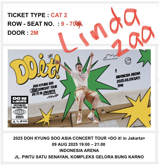 WTS tiket konser DO “DO it! In Jakarta” CAT 2
SN samping panggung bgt ya guys, dom surabaya. Cod surabaya diutamakan, cod venue jg bs
Aku buka harga nett 3jt, bs nego tipis ya.. 🙏🏻
Aku jual karena salah beli tiket :)

#do #doinjakarta #DOITINJAKARTA #DohKungSoo