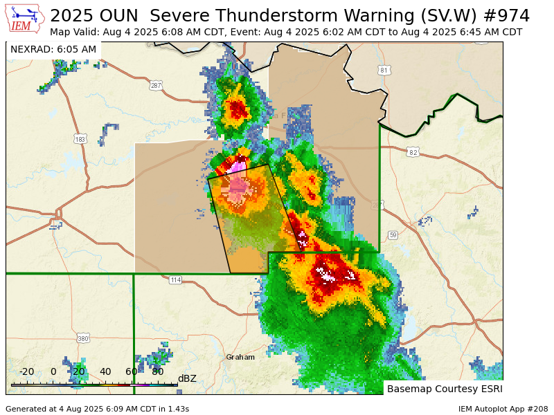 OUN continues Severe Thunderstorm Warning [damage threat: CONSIDERABLE, wind: 60 MPH (RADAR INDICATED), hail: 1.75 IN (RADAR INDICATED)] for Archer, Clay [TX] till 6:45 AM CDT mesonet.agron.iastate.edu/vtec/f/2025-O-…