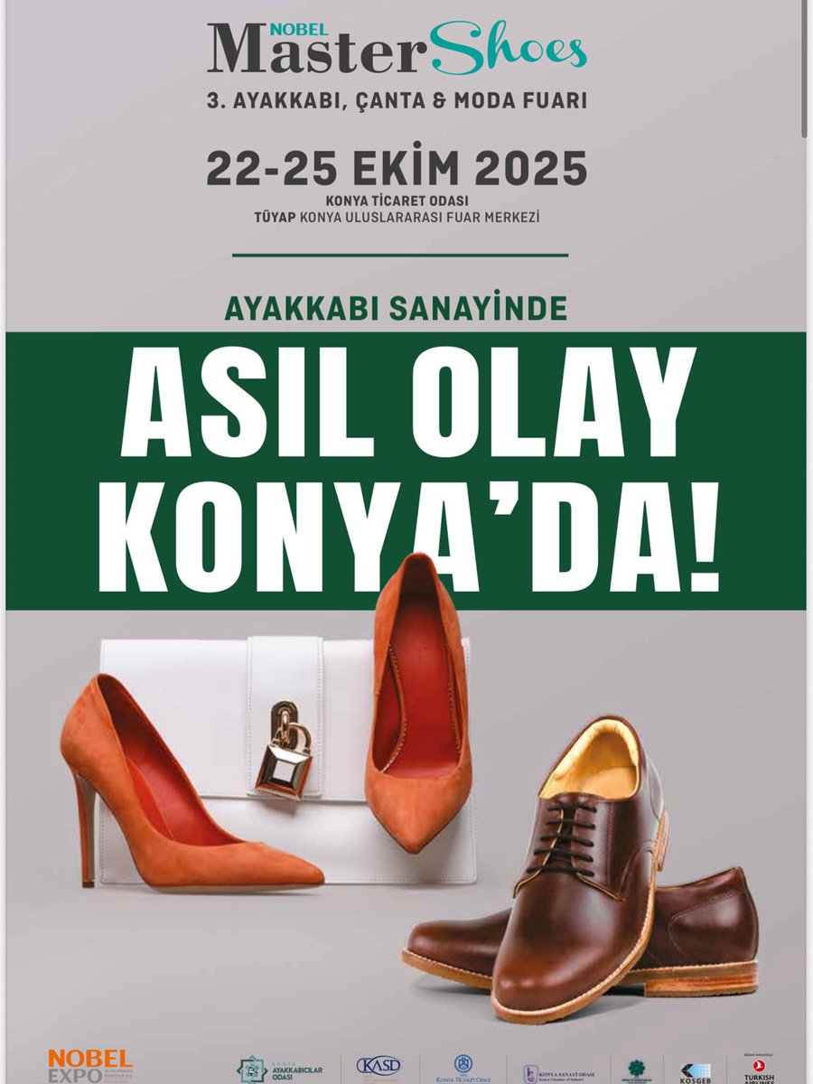Konya Ticaret Odası, Konya Ayakkabıcılar Odası ve Konya Ayakkabı Sanayicileri Derneği iş birliğiyle düzenlenen “Nobel Master Shoes 3. Konya Ayakkabı ve Çanta Fuarı”, 22-25 Ekim 2025 tarihleri arasında Konya Uluslararası Fuar Merkezi’nde gerçekleştirilecektir.