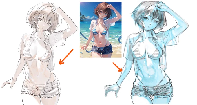 AI絵が出てきた時にAIトレス(左)じゃなくて、AI絵を横に置いて模写するタイプ(右)が出てくる可能性を考えてたんだけど、そっちは出てこないのね……つうかトレスもほとんどおらず、AI絵を手書きだと言い張るヤツしか出てこなかった