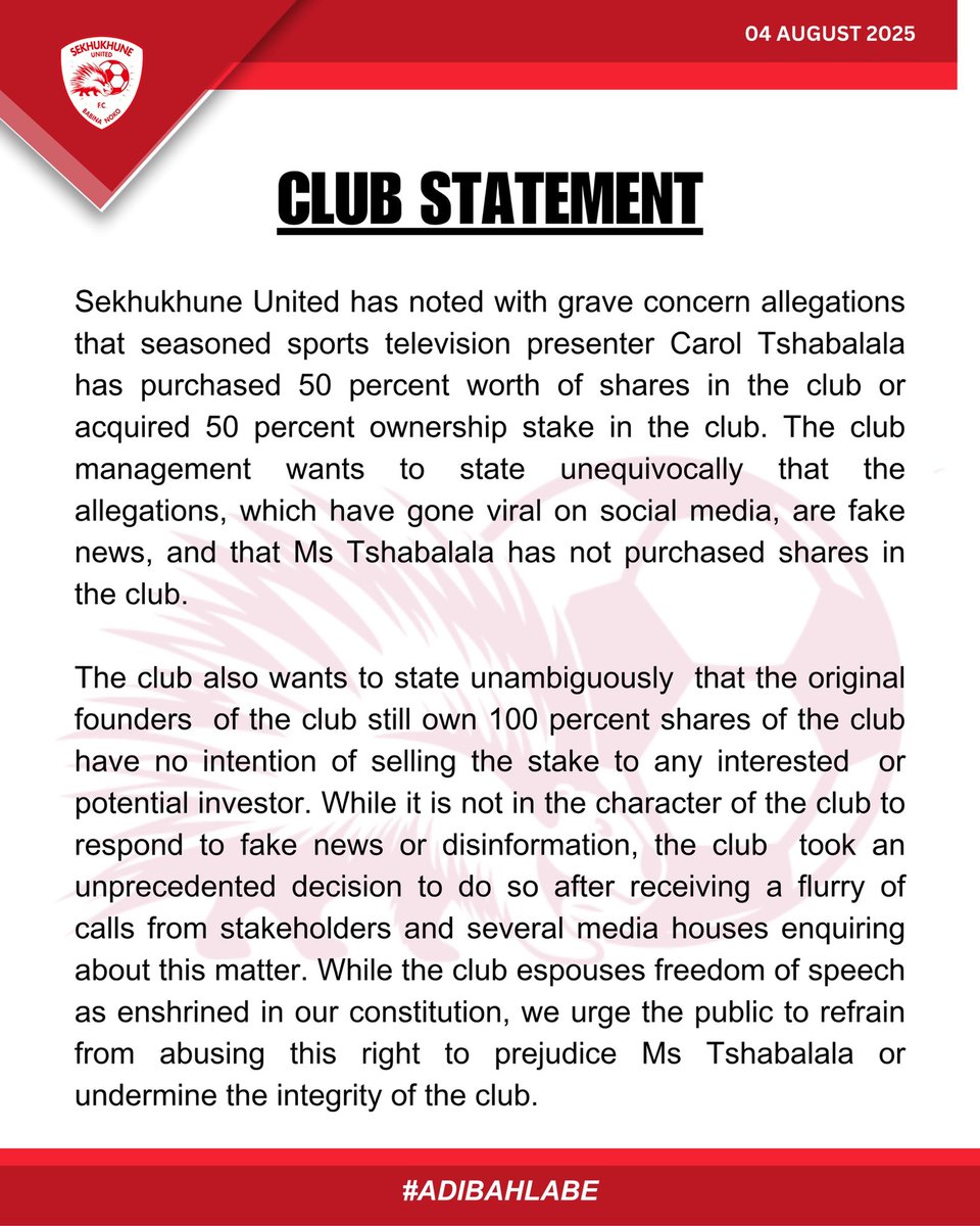 SekhukhuneFc's tweet photo. π¨ CLUB STATEMENT π¨
Please note that the circulating post claiming Carol Tshabalala has become a majority stakeholder in SEKHUKHUNE UNITED FC is false.
SEKHUKHUNE UNITED FC has no knowledge of, nor any association with, this claim.
π¦π¦π¦
#Adibahlable https://t.co/W9DLzYUiDG