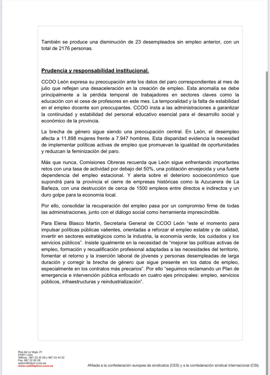 Elena Blasco Martín (@eblascomartin) on Twitter photo Desde <a href="/CCOOLeon/">CCOO de León</a> consideramos un mal dato el aumento del paro provincial para el mes de julio. A pesar de aumento afiliación a SS y el aumento de contratos indefinidos, seguimos necesitando políticas activas de empleo, formación y recualificación profesional. Desde <a href="/CCOOLeon/">CCOO de León</a> consideramos un mal dato el aumento del paro provincial para el mes de julio. A pesar de aumento afiliación a SS y el aumento de contratos indefinidos, seguimos necesitando políticas activas de empleo, formación y recualificación profesional.
