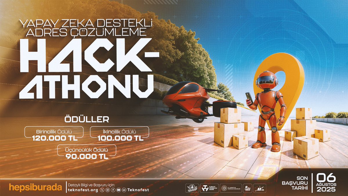 "Hepsiburada Yapay Zeka Destekli Adres Çözümleme Hackathonu" başvuruları açıldı! 📦

Son Başvuru Tarihi: 6 Ağustos 2025! 

Detaylı bilgi ve başvuru kriterleri için linki ziyaret edebilirsin:
teknofest.org/tr/yarismalar/…