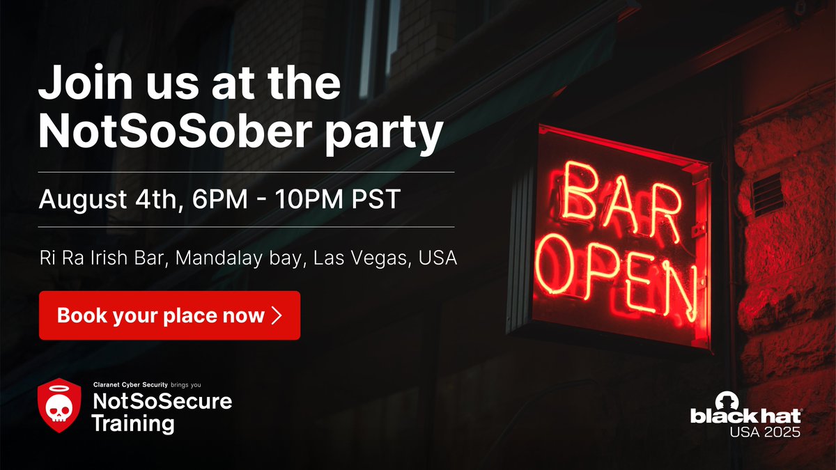 ARE YOU AT #BHUSA? Let’s meet at our #NotSoSober Party tonight! 🍻 RSVP now- claranet.com/us/blackhat/us…

📍 Ri Ra Irish Bar, Mandalay Bay, 🕕 6 PM PDT onwards

#BHUSA #NotSoSober #CyberSecurity #InfoSec #BHUSAParty #CyberNetworking #HackerCulture <a href="/BlackHatEvents/">Black Hat</a>