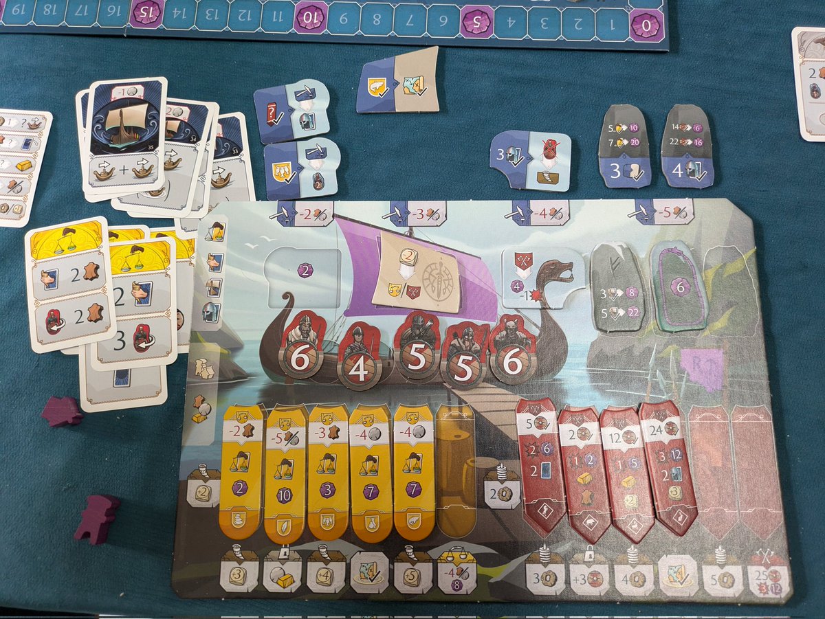 Karvi, jeu de gestion de ressources dans le monde viking avec une sélection d'actions sur une piste avec des coûts différents à chaque fois. Franchement pas inintéressant j'ai passé un bon moment ! Plein de petites choses à penser. #J2S