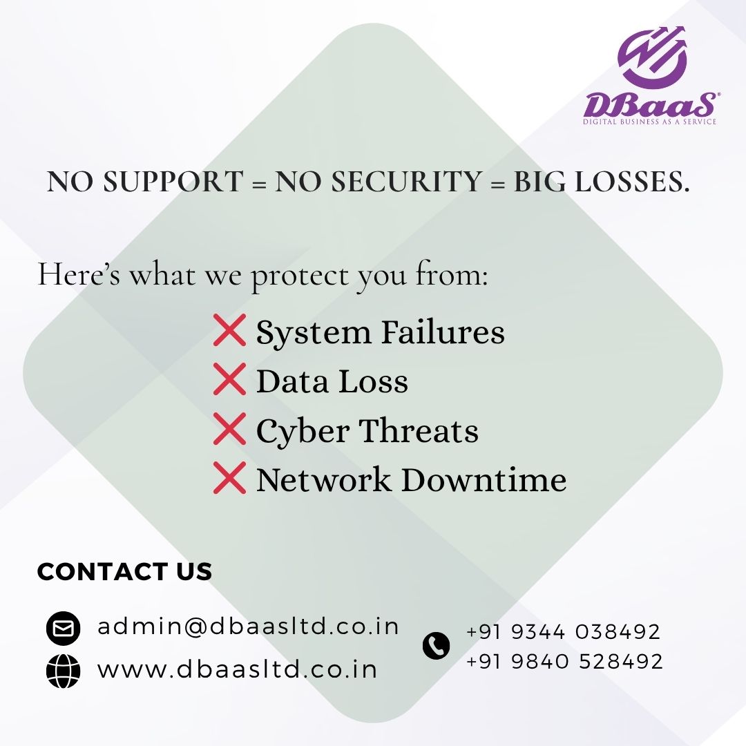 NO SUPPORT = NO SECURITY = BIG LOSSES
We are here to help you
Contact or email us:-
📧dbaasltd.co.in
📱+91 93440 38492
📩admin@dbaasltd.co.in

Fill this form to reach out us:
lnkd.in/d62YZiba
.
.
.#itservicemanagement #ITServiceProvider  #ITSupport #itservices #it