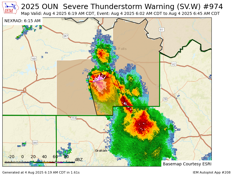 OUN continues Severe Thunderstorm Warning [wind: 60 MPH (RADAR INDICATED), hail: 1.25 IN (RADAR INDICATED)] for Archer, Clay [TX] till 6:45 AM CDT mesonet.agron.iastate.edu/vtec/f/2025-O-…