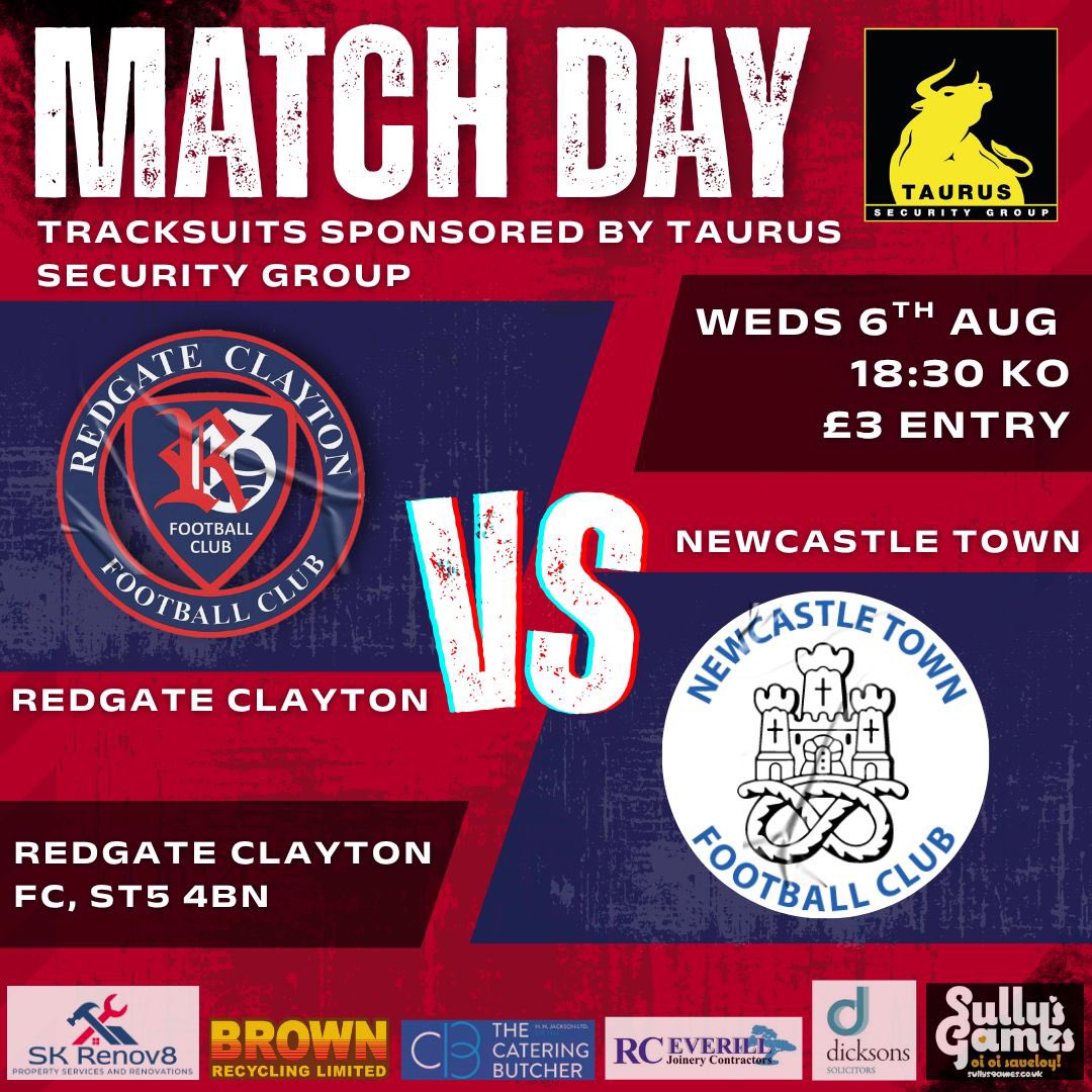 ⚽️ Redgate Clayton vs Newcastle Town Reserves
📅 Wednesday 6th August
🍔 Cafe &amp; Bar
🕐 18:30 KO
📍 Redgate Clayton, Northwood Lane, ST5 4BN
🎟️ £3 Entry