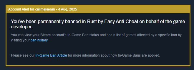 Snedgie's tweet image. I woke up to my Steam account of 13 years recieving a permaban on Rust, because it was hijacked overnight. 😃

I reached out to @FcpnchStds and the ban is permanent even if I wasn't involved. 

2FA, passkeys &amp;amp; unique passwords, and didn't recieve warning of hijacking

Epic! 👍