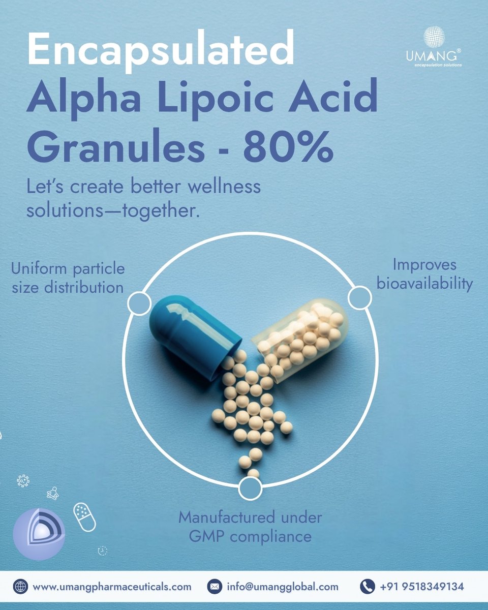 UmangGlobalGrp's tweet image. Encapsulated Alpha Lipoic Acid Granules – 65% offer enhanced stability, controlled release, and high bioavailability — ideal for advanced nutraceutical and pharmaceutical formulations.

#AlphaLipoicAcid #PharmaGrade #EncapsulationTechnology #Antioxidants #Nutraceuticals