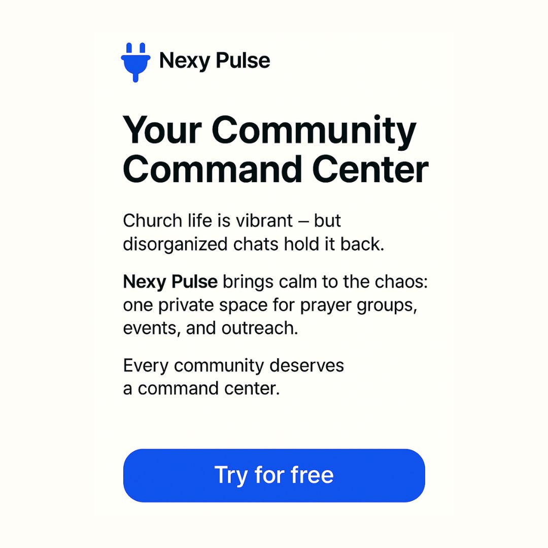 NexyWorks's tweet image. Church life can be full of joy — and full of chaos.

Nexy Pulse gives your prayer groups, events &amp;amp; updates one calm place to live.

No more scattered chats.

Just one private command center.

Try it free → nexy.works

#ChurchTech #DigitalMinistry #FaithInTech…