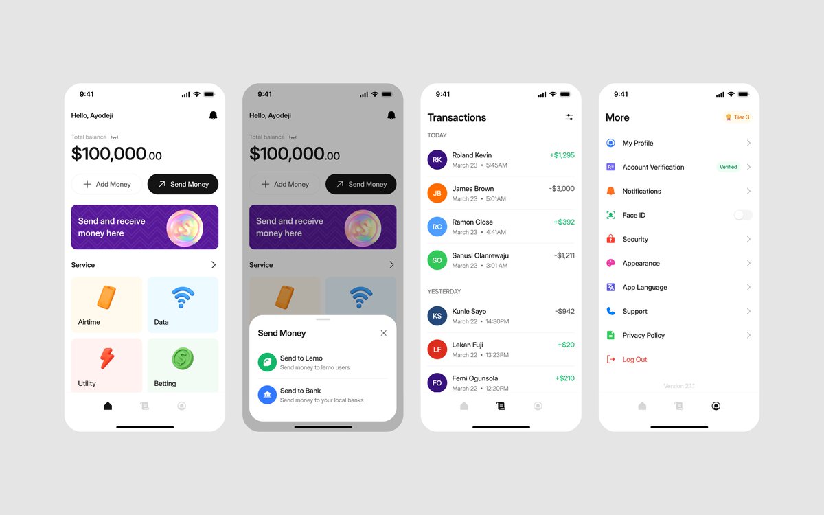 Screens from the Fintech mobile app exploration