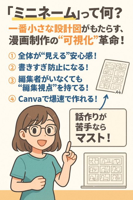 話づくりが苦手な人こそ、「ミニネーム」で一気に可視化もいいかもです!
CanvaやiPadアプリでもできます!でも効率を考えるとクリスタのアセットとアクションがいいはず…!
最適解を見つけたらまたシェアします♪ 