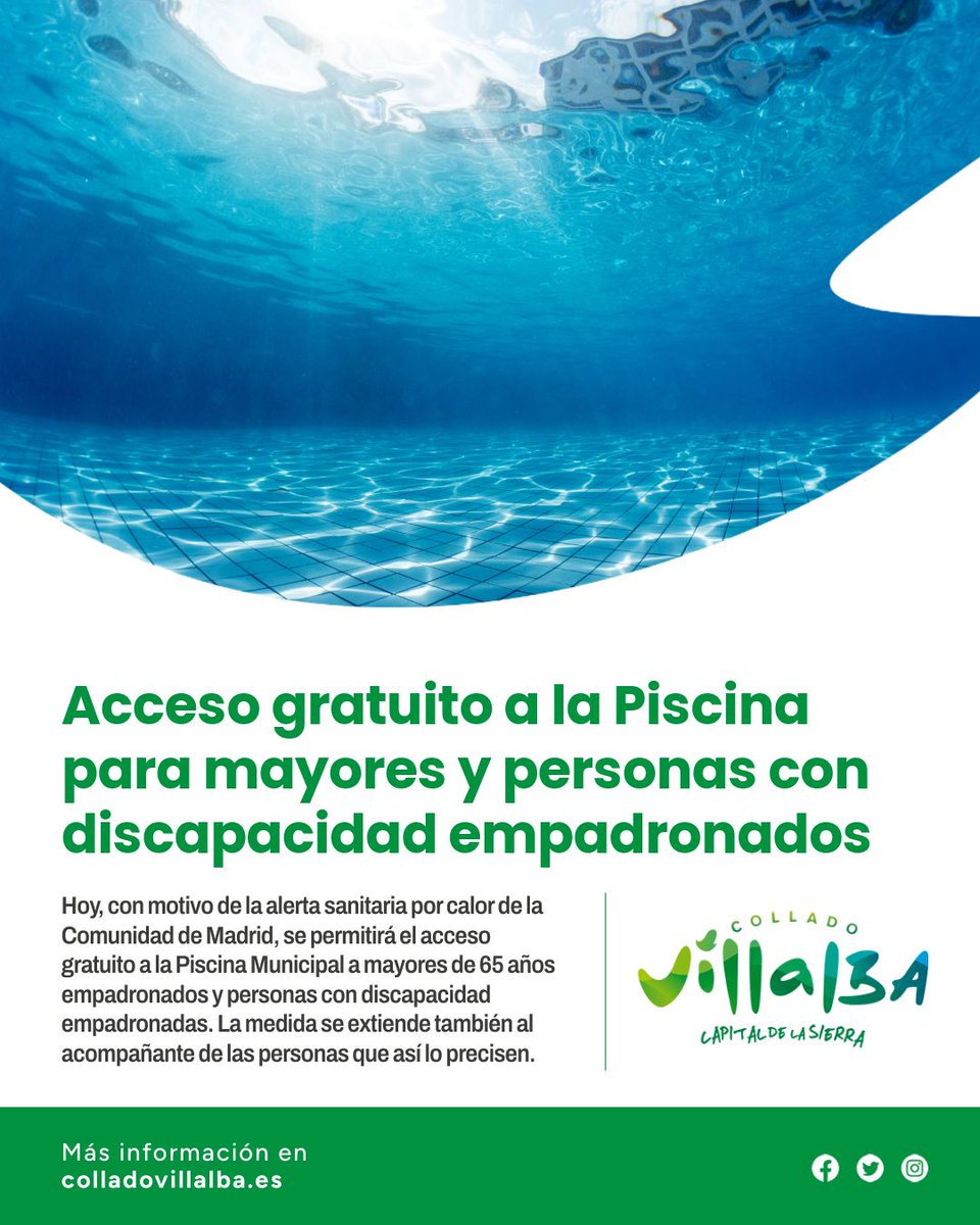 Ayuntamiento de Collado Villalba (@ayuntamientocv) on Twitter photo 📢 Acceso gratuito a la Piscina Municipal
🏊 Hoy, los mayores de 65 años y personas con discapacidad empadronadas podrán disfrutar de acceso gratuito a la Piscina Municipal. 📢 Acceso gratuito a la Piscina Municipal
🏊 Hoy, los mayores de 65 años y personas con discapacidad empadronadas podrán disfrutar de acceso gratuito a la Piscina Municipal.