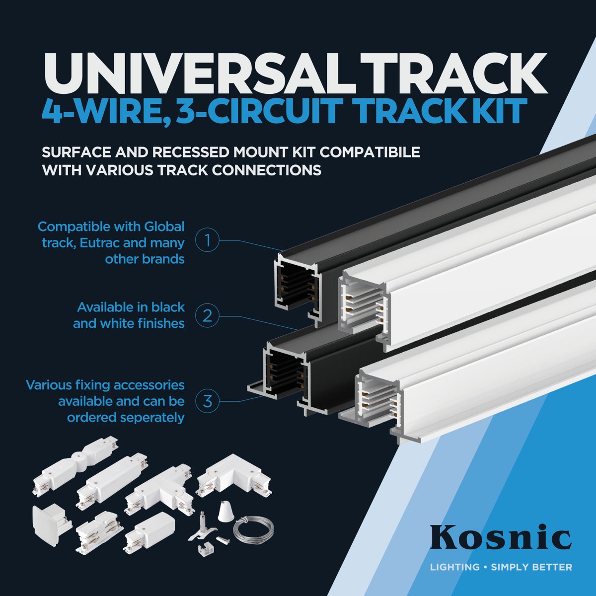 🌟 New Product In Stock: Universal Track 🌟

The surface or recessed mount universal 4-wire, 3-circuit track kit is compatible with many popular brands. There are a variety of fixing accessories available so you can customise the layout - endless possibilities!

#KosnicLighting
