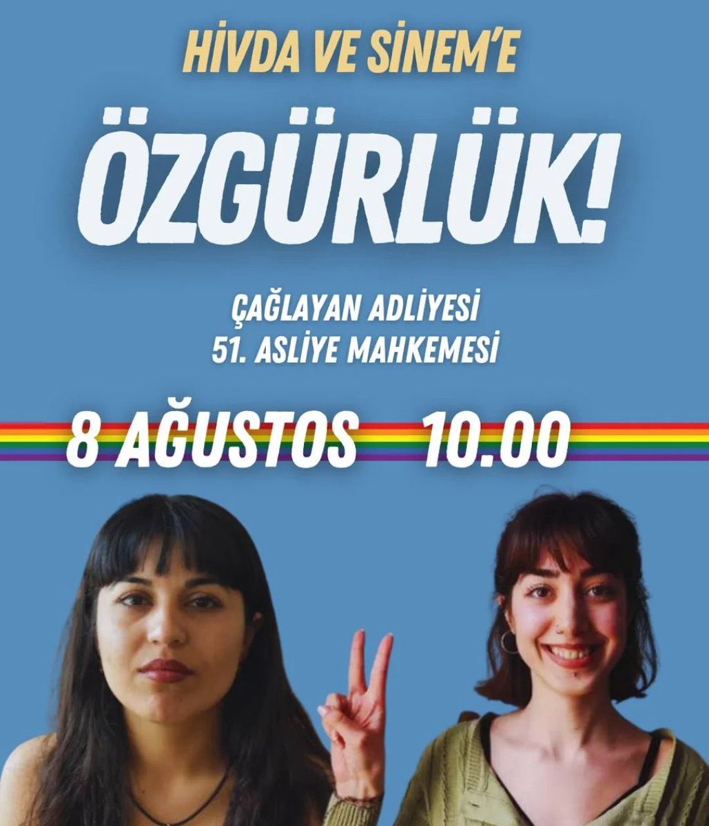 23. Onur Yürüyüşü'ne katıldıkları gerekçesiyle bir ayı aşkın süredir tutuklu bulunan Hivda, Sinem ve Onur Yürüyüşü'nde gözaltına alınan, tutuklanan arkadaşlarımızın ilk duruşması 8 Ağustos’ta Çağlayan’da görülecek.

Onur Yürüyüşü'ne katılmak, varoluşu savunmak suç değildir!