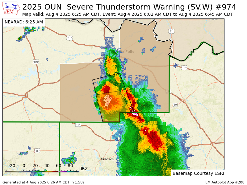 OUN continues Severe Thunderstorm Warning [wind: 60 MPH (RADAR INDICATED), hail: 1.00 IN (RADAR INDICATED)] for Archer, Clay [TX] till 6:45 AM CDT mesonet.agron.iastate.edu/vtec/f/2025-O-…