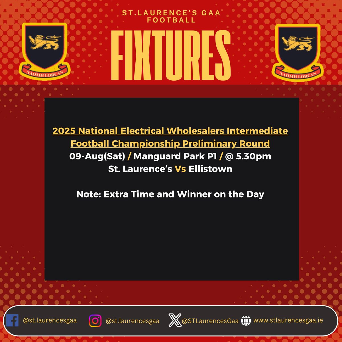 Wishing all our teams, coaches and management the very best of luck in there scheduled games this week. 
Please get behind the teams and cheer them on pitch side, €5 on the gate for senior home games. Your support is always greatly appreciated.