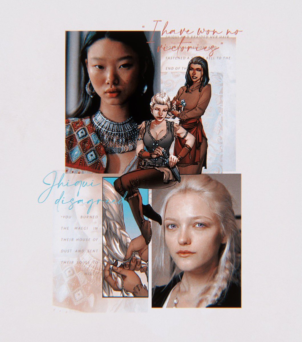 “jhiqui […] fastened a silver bell to the end of the braid.

“i have won no victories,” […]

jhiqui disagreed. “you burned the maegi in their house of dust and sent their souls to hell.”

#danyweek2025 ↠ day 1: found family