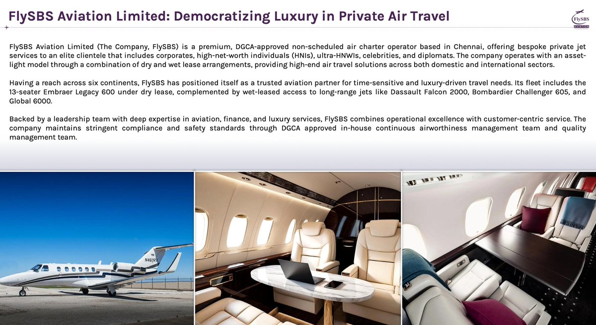 LnprCapital's tweet image. ✈️ Fly SBS Aviation set to redefine private air travel in India — with 90% repeat customers, 6 new jets incoming, and plans to scale pan-India, the Chennai-based charter operator is riding a luxury aviation boom. 💼🛩️ #Aviation #IPO #PrivateJets #FlySBS #LuxuryTravel 
✈️ Fly SBS