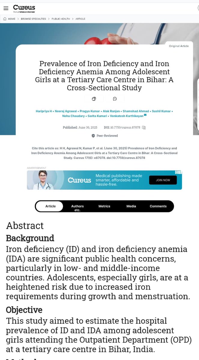 Our recent publication titled "Prevalence of Iron Deficiency and Iron Deficiency Anemia Among Adolescent Girls at a Tertiary Care Centre in Bihar: A Cross-Sectional Study".

researchgate.net/publication/39…

#anaemia #anemia #anaemiamuktbharat #anemiamuktbharat #iron #irondeficiency