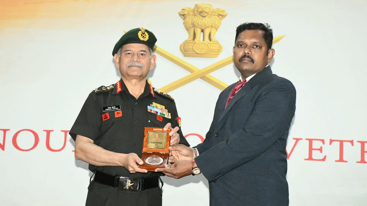 adgpi's tweet photo. Veteran Achievers Award: Recognising Contributions, Rewarding Excellence

#GeneralUpendraDwivedi, #COAS honoured four Veterans with the ‘Veteran Achievers Award’ at Chennai, for their selfless service beyond uniform towards welfare of ex-servicemen, Veer Naris, youth empowerment and nation building.

Colonel Krishnaswami A (Retd) is the founder of ‘Armed Forces Veteran Officers Association’ in Chennai and has been actively involved in interacting with various agencies for welfare of ex-servicemen of all the three services.

Captain Tamil Selvan D (Retd), has been actively involved in field of General Surgery & Urology in state government medical services & Military Hospital, Chennai for treatment of patients and guiding young specialist at Military Hospital during advanced procedures.

Subedar Major & Hony Lieutenant S Sugumar (Retd) has helped more than 2000 ex-servicemen and widows in receiving their claims valuing more than Rs 50 crore. He also gives voluntary services at ECHS Polyclinic, Madurai.

Havildar A Rajendran (Retd) has established ‘Seyon Educational and Charitable Trust’ and provides free of cost training to local youth for entrance into Army, CAPF and Police to include provision of free accommodation.

#RespectAndRecognition
#Veterans
#IndianArmy
@HQ_IDS_India
@DIAV20
@OfficialAwwa