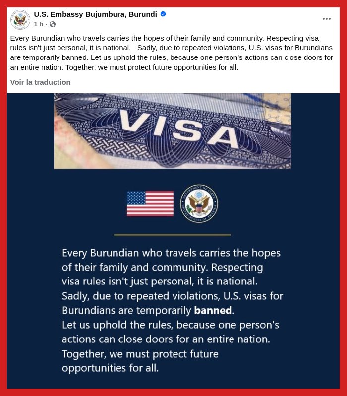 𝙋𝙖𝙩𝙧𝙞𝙤𝙩𝙚 🇧🇮 (@patriote257) on Twitter photo At this time, reciprocal decisions must be made by <a href="/BurundiGov/">Bureau du Premier Ministre</a>
Burundian visas for Americans must be temporarily banned. The United States must understand that we are helping each other
Burundi is a sovereign country 👊🦅🇧🇮
<a href="/GeneralNeva/">SE Evariste Ndayishimiye</a> <a href="/AShingiro/">Amb. Albert SHINGIRO</a> <a href="/MAEBurundi/">MAEIRCD</a> <a href="/US_Emb_Burundi/">U.S. Embassy Burundi</a> At this time, reciprocal decisions must be made by <a href="/BurundiGov/">Bureau du Premier Ministre</a>
Burundian visas for Americans must be temporarily banned. The United States must understand that we are helping each other
Burundi is a sovereign country 👊🦅🇧🇮
<a href="/GeneralNeva/">SE Evariste Ndayishimiye</a> <a href="/AShingiro/">Amb. Albert SHINGIRO</a> <a href="/MAEBurundi/">MAEIRCD</a> <a href="/US_Emb_Burundi/">U.S. Embassy Burundi</a>