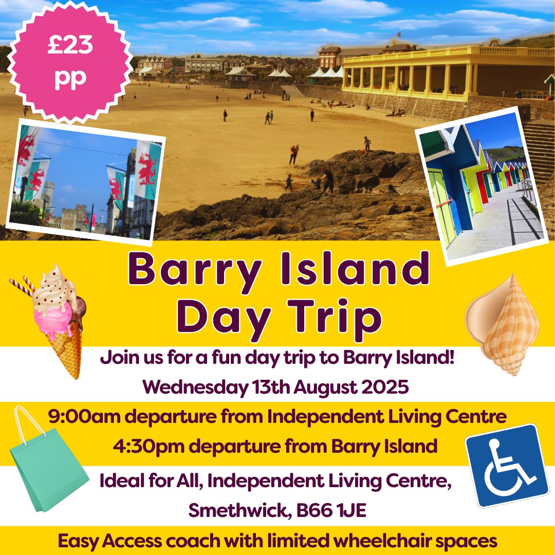Book Now! Join us for the Barry Island Trip next week! 
Seats on the coach are still available – book yours now and don't miss out on the fun! 
#IdealForAll #BarryIslandTrip #BookNow