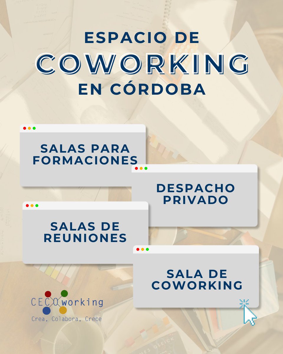 El espacio donde tus ideas toman forma. 

👀En CECOworking no solo encuentras un lugar para trabajar:
📌 Tienes salas para organizar formaciones y talleres.
📌 Espacios de reuniones equipados para tus necesidades.
📌 Despachos privados para máxima concentración.