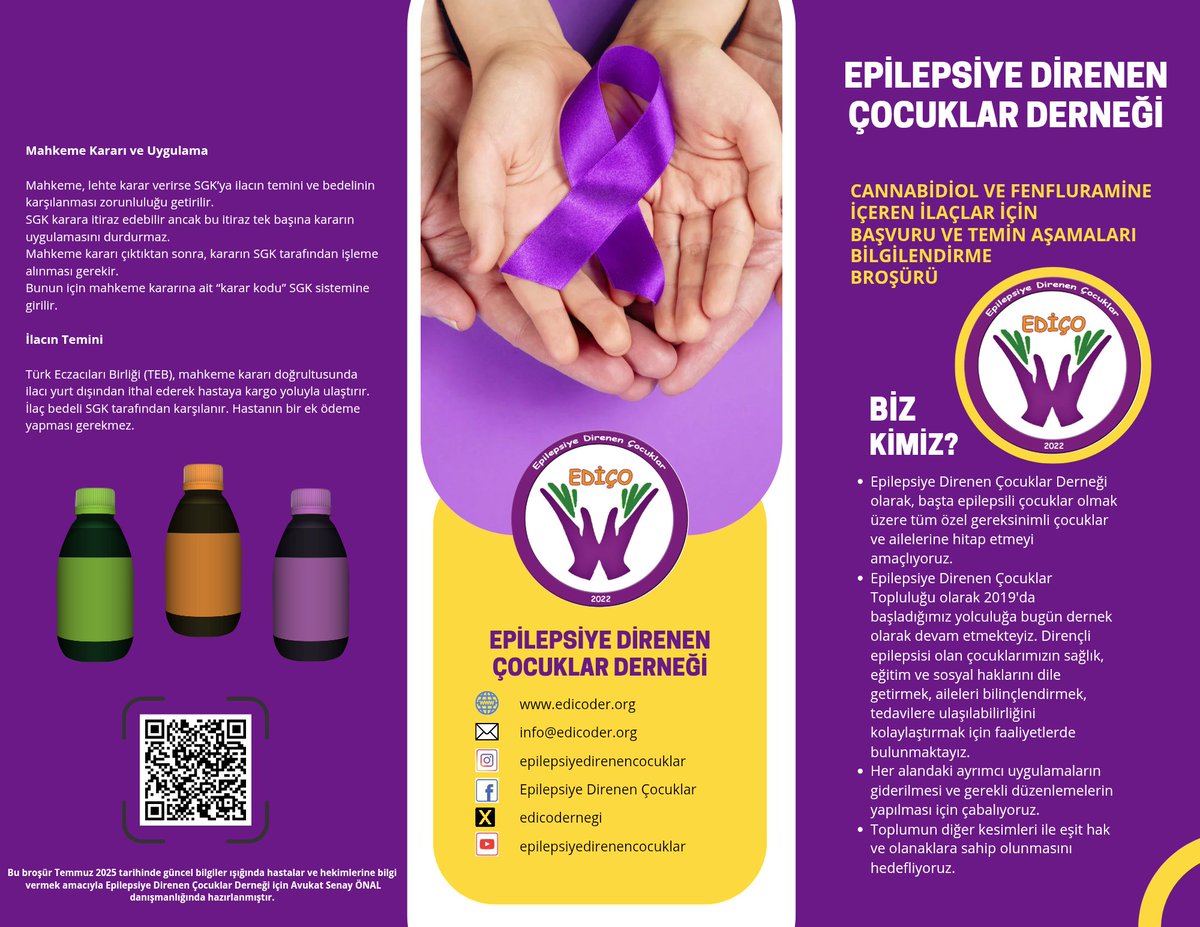 CANNABİDİOL VE FENFLURAMİNE İÇEREN İLAÇLAR İÇİN BAŞVURU VE TEMİN AŞAMALARI
Bu broşür Temmuz 2025 tarihinde güncel bilgiler ışığında hastalar ve hekimlerine bilgi vermek amacıyla Epilepsiye Direnen Çocuklar Derneği için Avukat Senay ÖNAL danışmanlığında hazırlanmıştır.