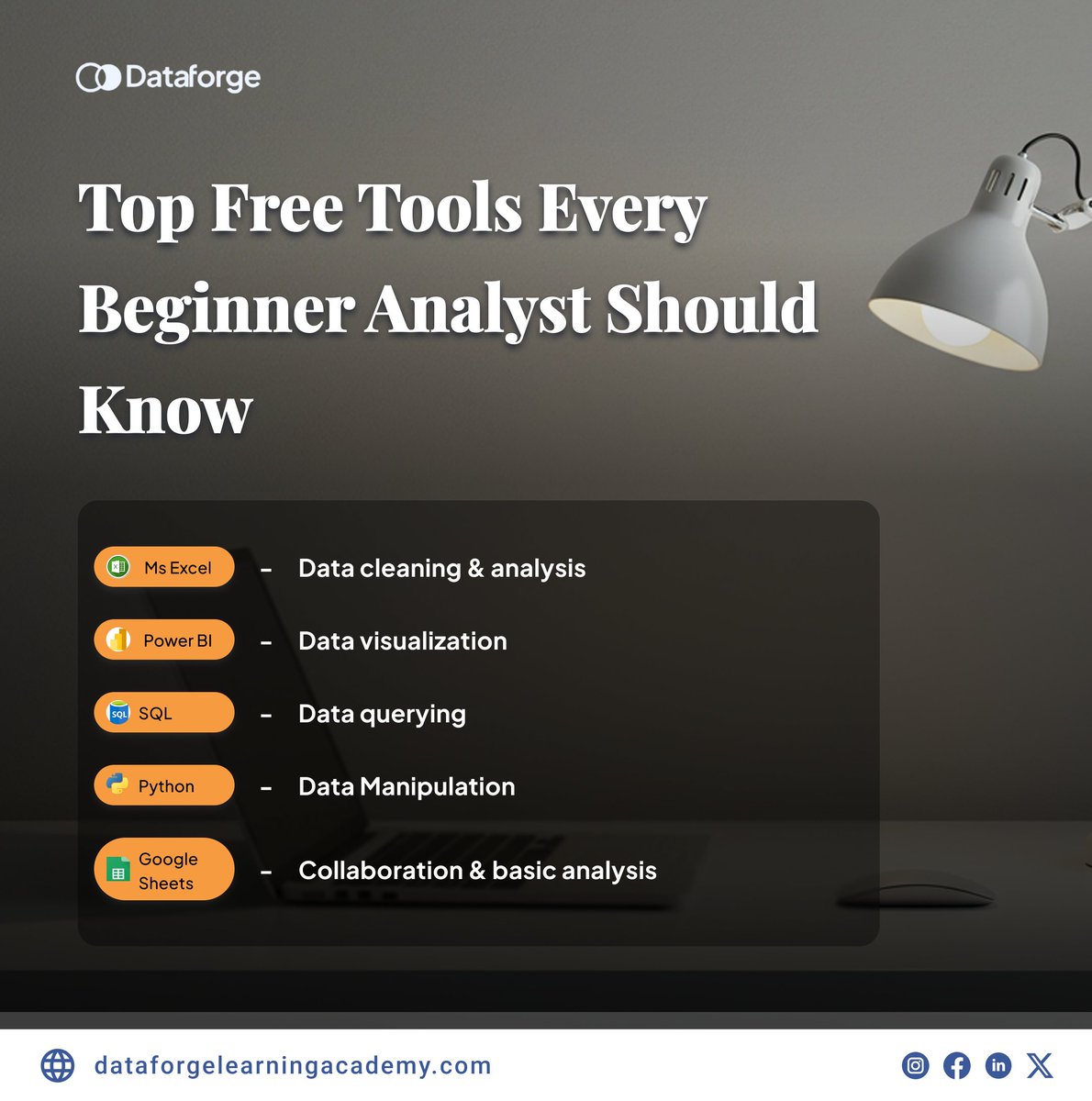 Want to break into Data Analysis but don’t know where to begin?

Start with these 5 FREE tools 
These tools are simple, powerful, and free, the perfect combo for anyone starting out!
 Ready to learn step-by-step?
 Join our beginner cohort at   tinyurl.com/3v9j59hw