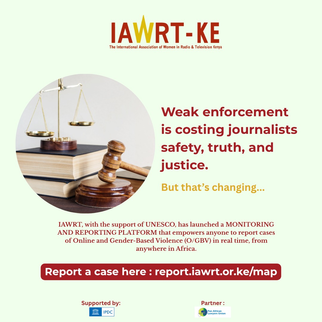 IAWRT-Kenya (@iawrtk) on Twitter photo When laws exist but aren’t enforced, women journalists pay the price.
📍With the support of <a href="/UNESCO/">UNESCO 🏛️ #Education #Sciences #Culture 🇺🇳</a>
and <a href="/LawyersofAfrica/">PALU</a> we’ve launched a Monitoring & Reporting Platform to document cases of Online & Gender-Based Violence (O/GBV) across Africa.
Map a case
report.iawrt.or.ke/map When laws exist but aren’t enforced, women journalists pay the price.
📍With the support of <a href="/UNESCO/">UNESCO 🏛️ #Education #Sciences #Culture 🇺🇳</a>
and <a href="/LawyersofAfrica/">PALU</a> we’ve launched a Monitoring & Reporting Platform to document cases of Online & Gender-Based Violence (O/GBV) across Africa.
Map a case
report.iawrt.or.ke/map