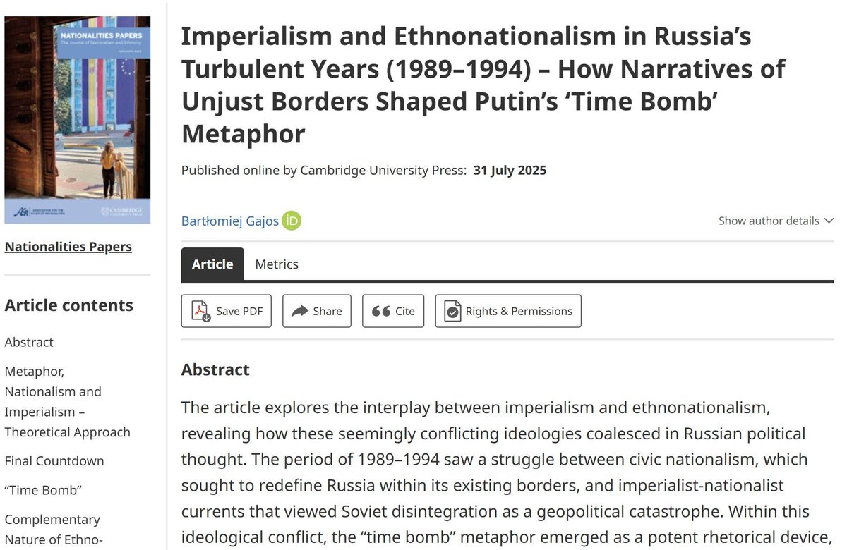 What came first: Russian imperialism or NATO enlargement?

This isn’t your mem historian’s take that traces every war back to the Neolithic.

We’re talking about formative political debates - those that shaped Putin’s worldview in the 1990s.

My📜 in Nationalities Papers.🧵