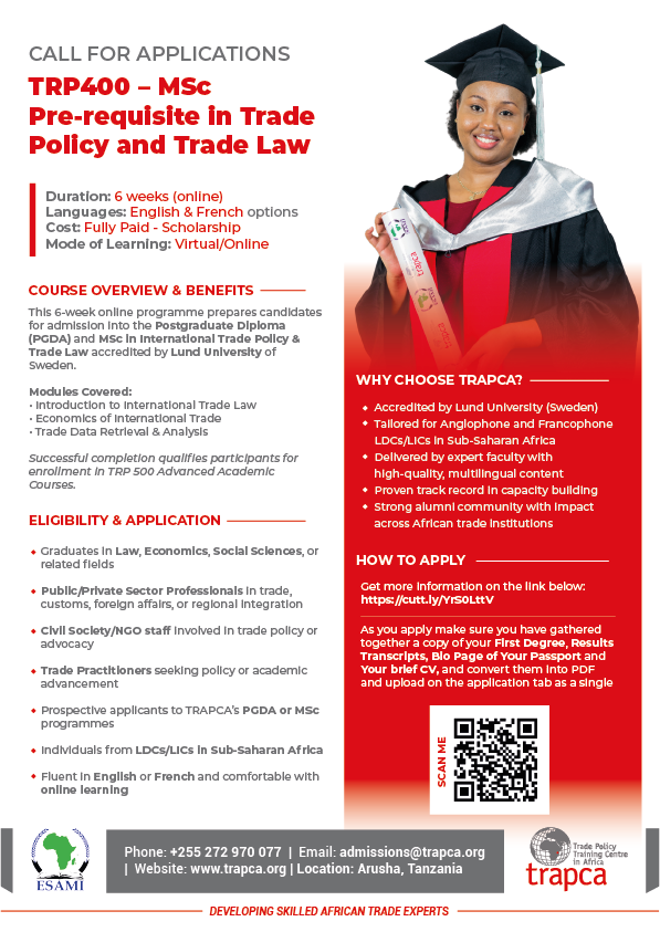 esami_trapca's tweet photo. Are you a trade professional or graduate ready to advance your expertise in #internationaltrade?

Enroll in TRP400 – MSc Pre-requisite in #TradePolicy and #TradeLaw

Apply now: https://t.co/MeycMZsMiW

@ESAMI_INSTITUTE  @lunduniversity  @SweinEthiopia  @Sida

#TRAPCA #Trade https://t.co/ww8uuiVR2T