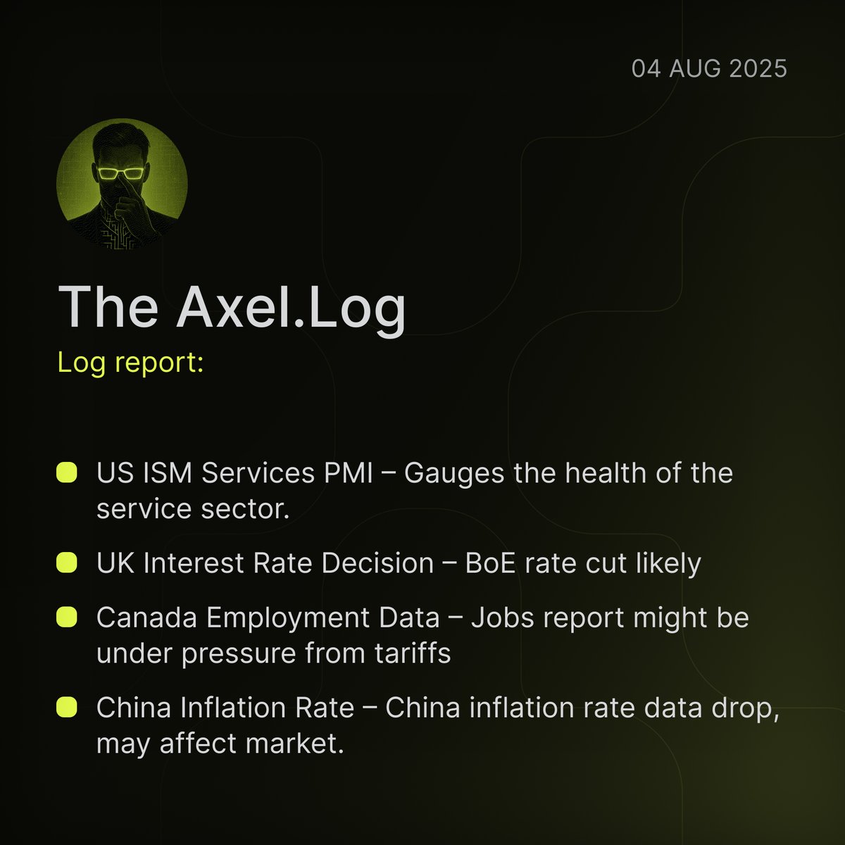 The Axel.Log — 08.04.25

Light on blockbuster news this week, but these financial events could move markets.

Log report: 
🟢 US ISM Services PMI - Tracks service sector activity; a strong read could signal Fed tightening, impacting bonds and USD. 
🟢 UK Interest Rate Decision -