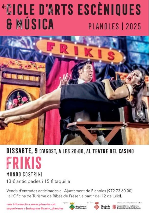 📅 AGENDA❗
Aquest dissabte dia 9 d'agost a les 20:00 al Teatre del Casino, Mundo Costrini ens porta un espectacle per a tota la família, Frikis.
Entrades anticipades per 13€ a l'Ajuntament o a l'Oficina de Turisme de Ribes.
Preu especial per menors de 14: 8€ (només a taquilla)