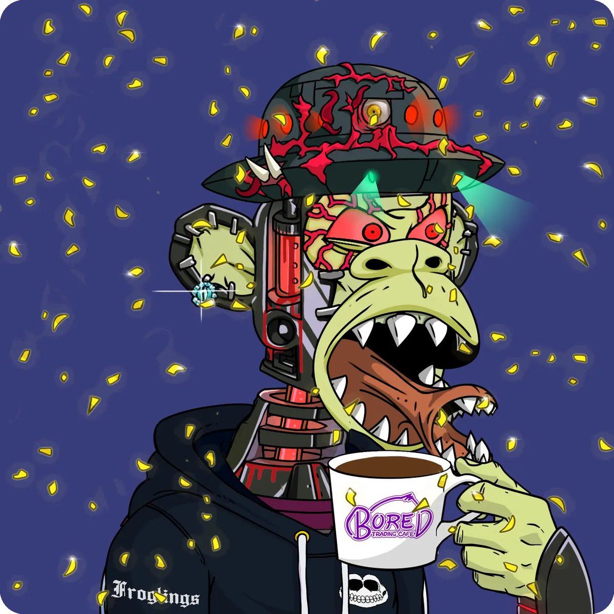 Happy Mutant Monday in my <a href="/froglings/">FroGlings</a> fit sippin on some <a href="/BoredTradingCo/">Bored Trading Co</a>. 🧪