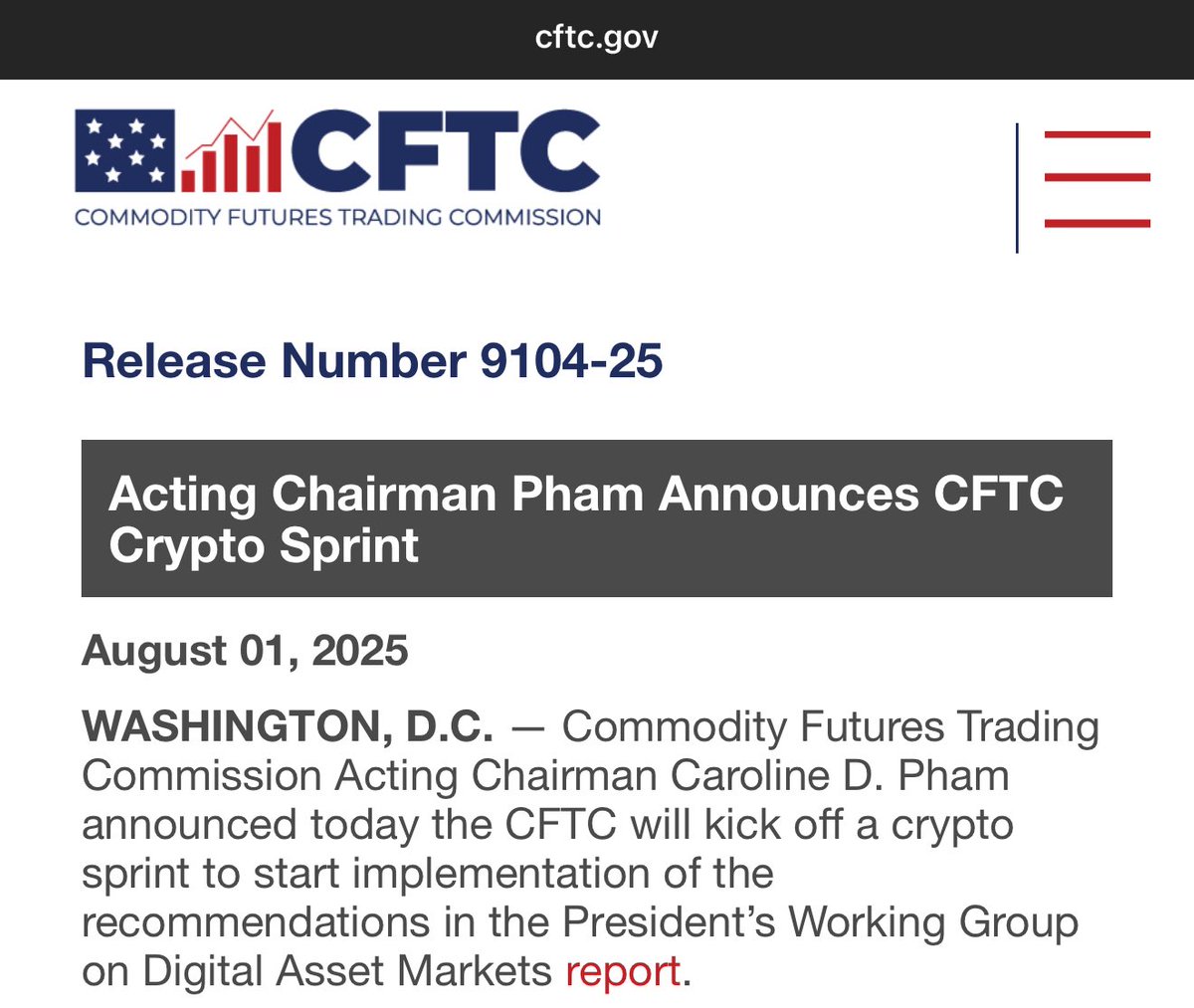 CFTC Announces Crypto Sprint 🏁🇺🇸