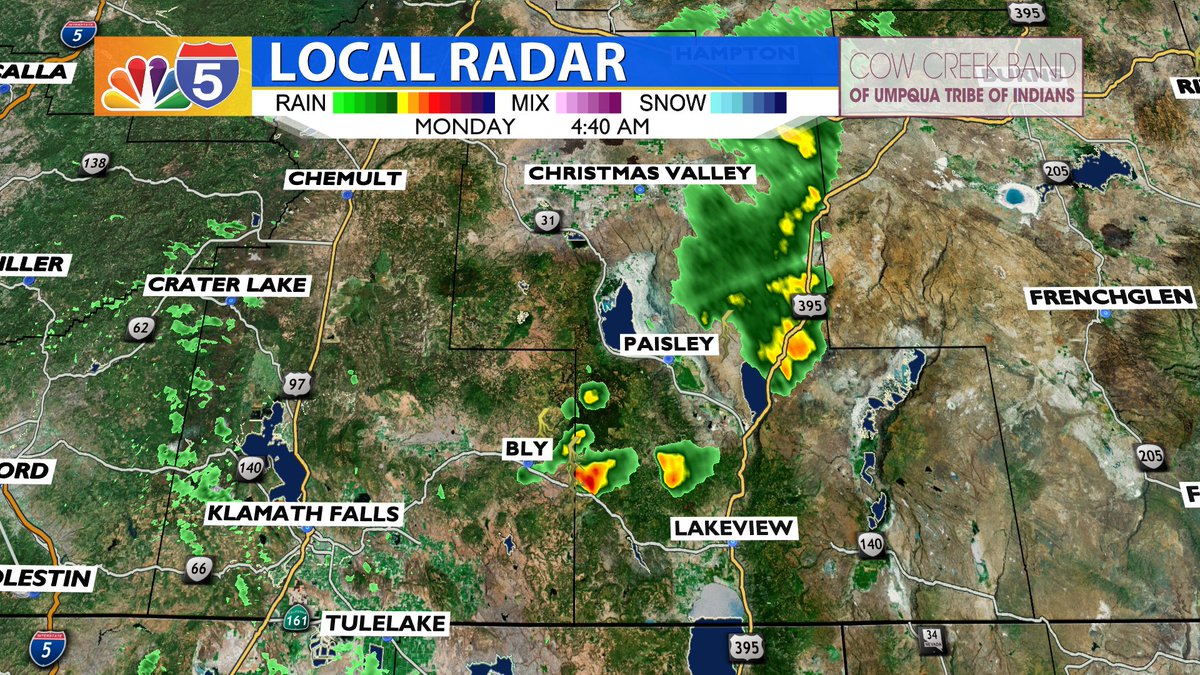 4:45a- Early morning showers and storms in eastern Klamath and into Lake County. Chances are expected to diminish through the morning hours. <a href="/KOBITV/">KOBI-TV NBC5 News</a>